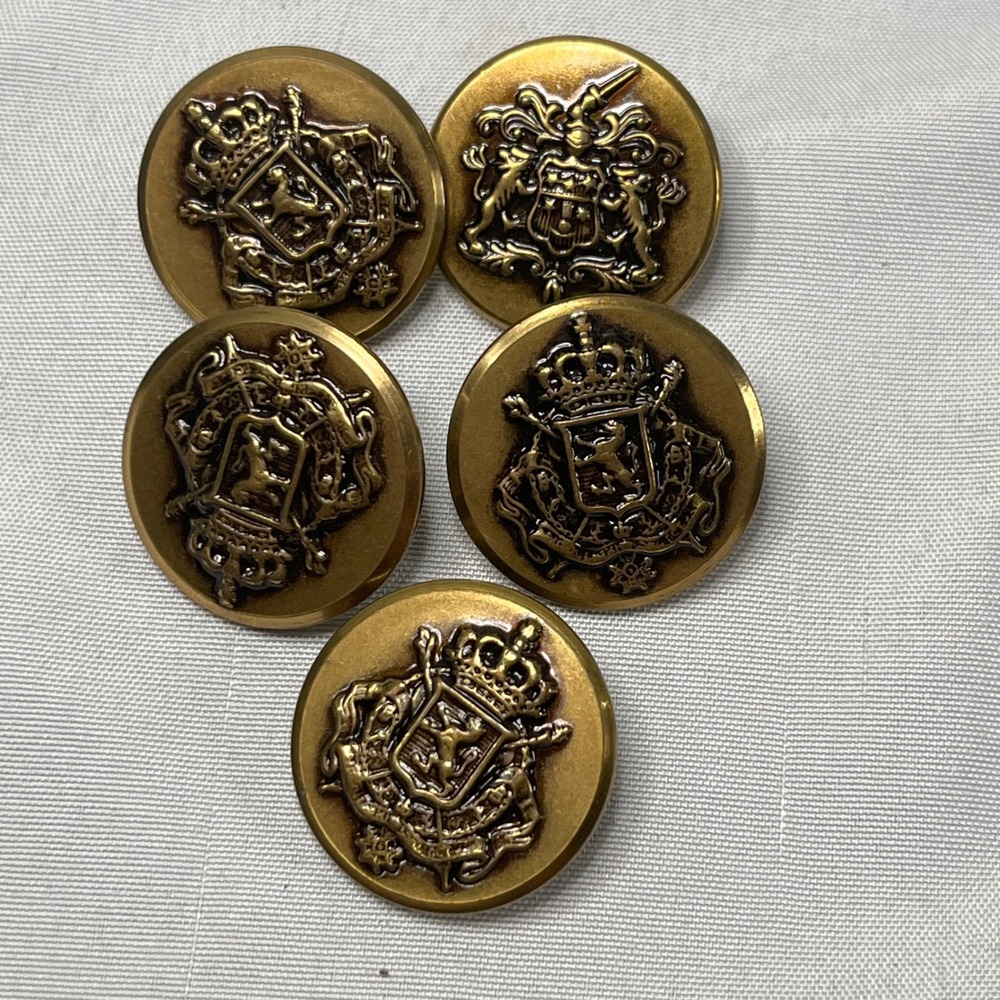 Vintage Brass Heraldic Crest Blazer Buttons Set of 5 Crown Lion Shank 0.75 Inch